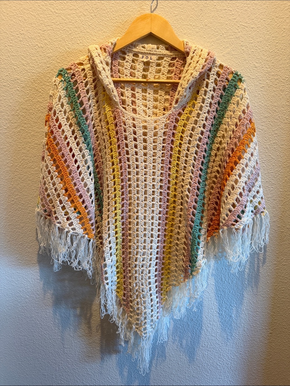 POL Multicolor Crochet Fringe Poncho in Pastel Stripes Beach Coverup Granny Core